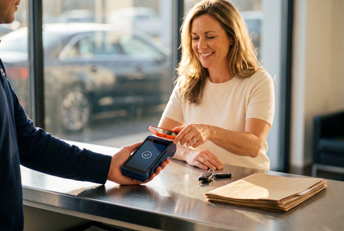At a car dealership service desk, a customer taps her phone on a card terminal held by the service advisor.